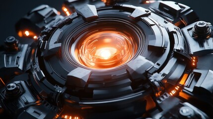 Close-up of a futuristic circular mechanical device with glowing orange core and intricate metallic components emitting light