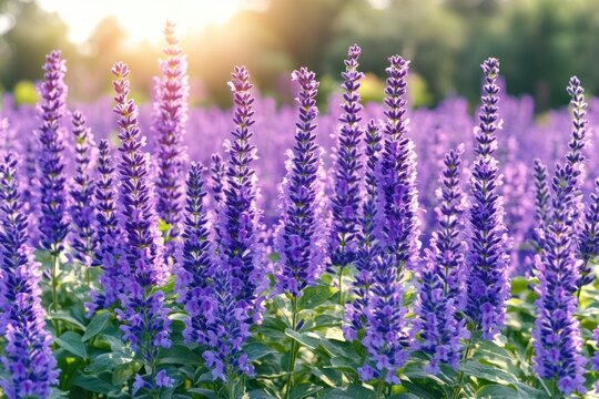 Field of vibrant purple flowers illuminated by warm sunlight with lush green leaves in a natural outdoor setting