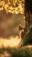 Playful red squirrel peeks from mossy oak trunk a warm autumn scene full of golden light and gentle beauty