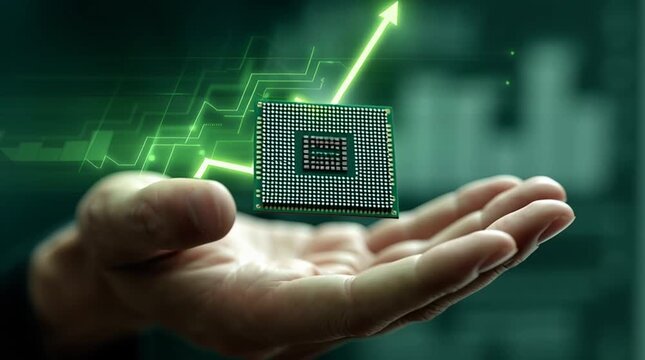 Hand Holding Processor: A close-up shot showcasing a hand cradling a computer processor, with a graphic of an upward trending arrow superimposed, highlighting growth and advancement. 
