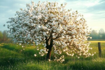 Obraz premium A lush tree covered in abundant white blossoms standing in a green meadow under soft sunlight with a peaceful rural fence and misty background