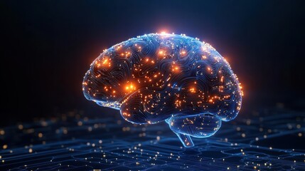 Futuristic digital representation of a human brain with glowing neural network connections and flowing lines symbolizing advanced technology and intelligence