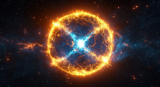 Bright, glowing fiery sphere with intricate plasma filaments surrounding a radiant blue core against a dark star-filled cosmic background - Powered by Adobe