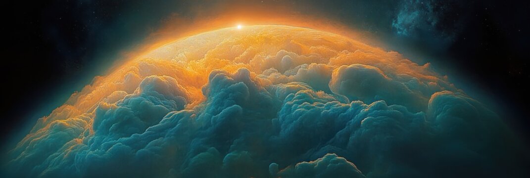 Glowing celestial sphere enveloped in thick, vibrant clouds with a bright star shining above the horizon in outer space