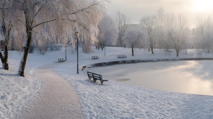 Winter park scene evokes cozy calm with snow paths a frozen pond and soft morning light reflecting peace