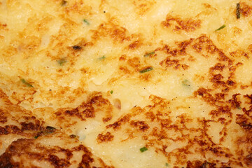 CLose up of fried potato cake fritter toasted brown tasty