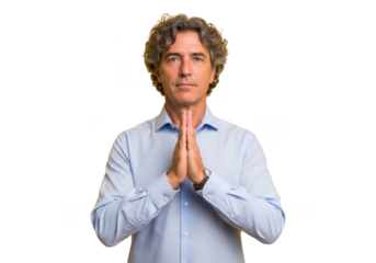 Mature man praying hands together seeking guidance hopeful gesture serious expression png image isolated on transparent background