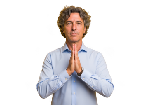 Mature man praying hands together seeking guidance hopeful gesture serious expression png image isolated on transparent background