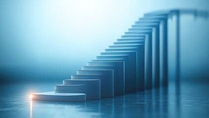 Close-up view of a row of blue dominoes falling in a cascading motion on a reflective surface with a soft gradient background