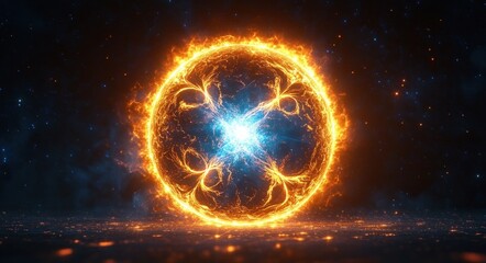 Fototapeta premium Bright glowing fiery circular shape with intricate electric patterns and a radiant blue core on a dark starry background