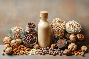 Assorted nuts, seeds, oats, and legumes arranged around a glass bottle filled with creamy liquid on a wooden surface, evoking a natural and wholesome atmosphere