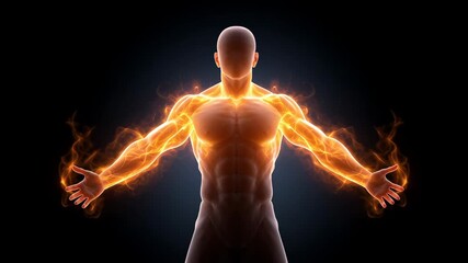 A digital graphic of a human body glowing with vibrant energy lines representing metabolism and fat burning inside the body. - Powered by Adobe