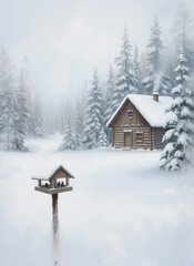 Winter cabin in snowy landscape with birdhouse and pine trees  