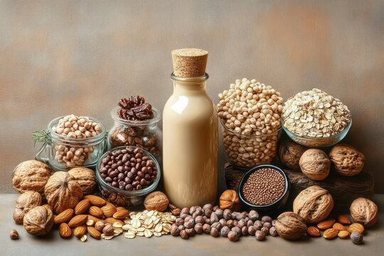 Assorted nuts, seeds, oats, and legumes arranged around a glass bottle filled with creamy liquid on a wooden surface, evoking a natural and wholesome atmosphere