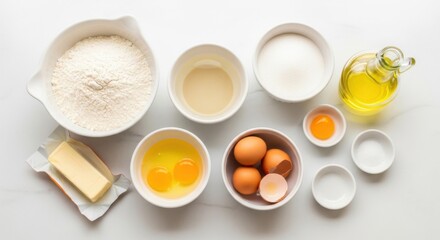 Baking essentials flat lay with flour, eggs, sugar, and oil for perfect cake preparation
