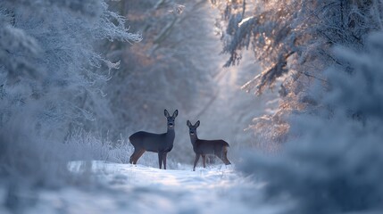 Gentle winter scene roe deer fawn stand peacefully beneath frosted trees serene wildlife photography