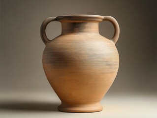 Large classic terracotta clay urn with two handles displayed on neutral background