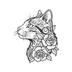 Elegant cat head portrait adorned with floral designs in black and white