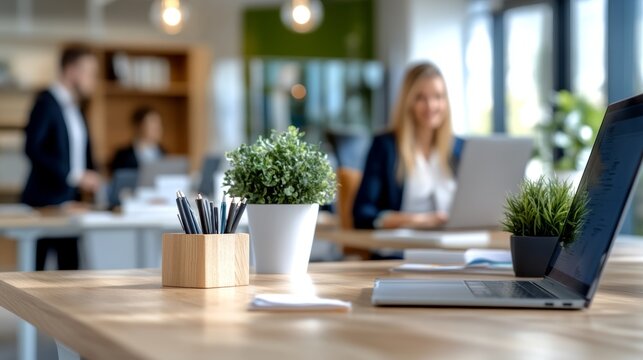 Office desk with laptop, wooden pen holder, green plants, blurred business team background, modern workspace, professional environment, productivity, collaboration, work culture.