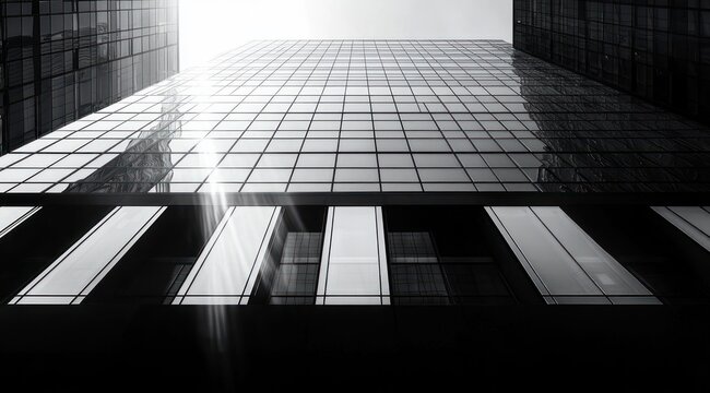 Perspective view of modern high-rise glass buildings with sunlight reflecting off the windows in black and white