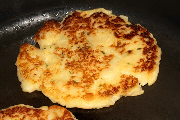 CLose up of fried potato cake fritter toasted brown tasty