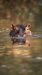 Fototapeta premium Serene hippo floats peacefully on African river water bathed in warm sunlight reflections