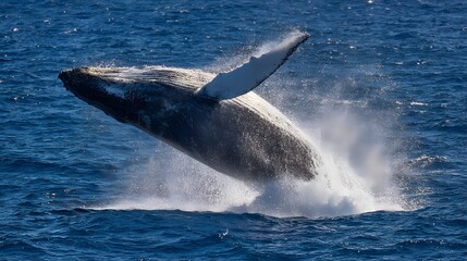 Fototapeta premium Majestic humpback whale breaching ocean waves a stunning wildlife spectacle bathed in golden sunlight