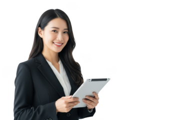 Professional asian businesswoman holding tablet smiling portrait stock photo png image for design and marketing materials isolated on transparent background