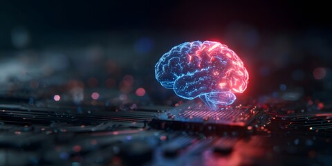 Abstract glowing human brain model with neon lights on a dark technological circuit board background representing artificial intelligence and neural networks