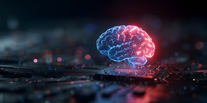 Abstract glowing human brain model with neon lights on a dark technological circuit board background representing artificial intelligence and neural networks - Powered by Adobe