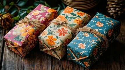 Three small rectangular gifts wrapped in floral patterned paper tied with rustic twine on a wooden surface with decorative dried flowers and pinecones in the background