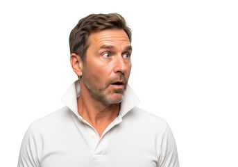 Obraz premium Surprised man looking sideways with mouth open, astonished expression, shocked facial reaction, polo shirt isolated on transparent background