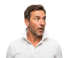 Surprised man looking sideways with mouth open, astonished expression, shocked facial reaction, polo shirt isolated on transparent background