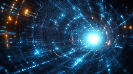 Obraz premium Abstract digital tunnel formed by glowing blue and orange lights representing data flow or futuristic technology with a bright light at the center