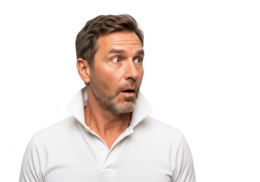 Surprised man looking sideways with mouth open, astonished expression, shocked facial reaction, polo shirt isolated on transparent background
