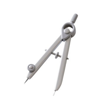 3D metallic drawing compass with shiny hinges and pointed tips. Isolated png on transparent background for geometry, math, drafting, architecture, design tools, and educational illustrations.