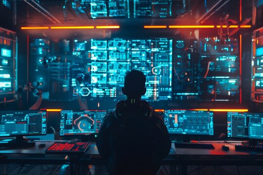 Person working in futuristic dark server control room