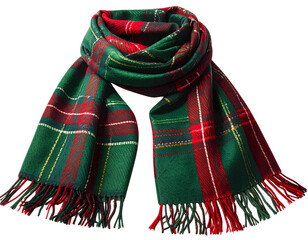Plaid woolen winter scarf in green and red, isolated on transparent background.
