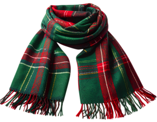 Plaid woolen winter scarf in green and red, isolated on transparent background.
