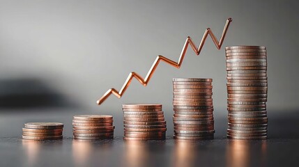 Stacked coins arranged in ascending order with a zigzag line graph showing growth and financial progress on a smooth reflective surface