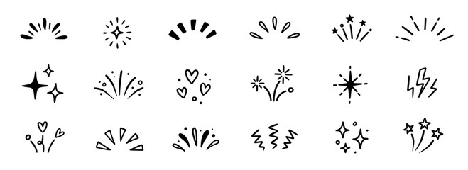 Line icon ray, confetti element set. Starburst line art with hand drawn glitter spark, pop icon shapes and surprise emphasis elements. Decorative sketch style for a sunshine ray vector illustration