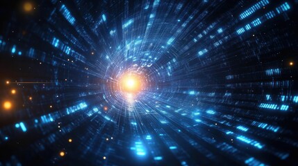 Bright glowing light at the center of a digital tunnel with blue rectangular shapes and scattered orange particles, creating a futuristic and dynamic atmosphere