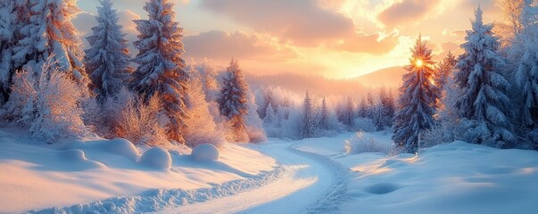 Snow-covered forest with tall pine trees under a vibrant sunset sky, a winding snowy path invites peaceful winter tranquility and warmth in cold landscape