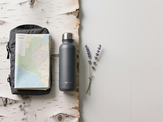 Travel essentials including map, water bottle, and backpack on table  