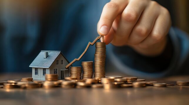 Person arranging stacks of coins with a small model house nearby and placing a zigzag arrow on top symbolizing financial growth in real estate