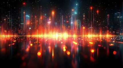Futuristic city skyline glowing with vibrant orange, red, and blue lights reflected on a sleek surface, creating a dynamic and energetic atmosphere at night