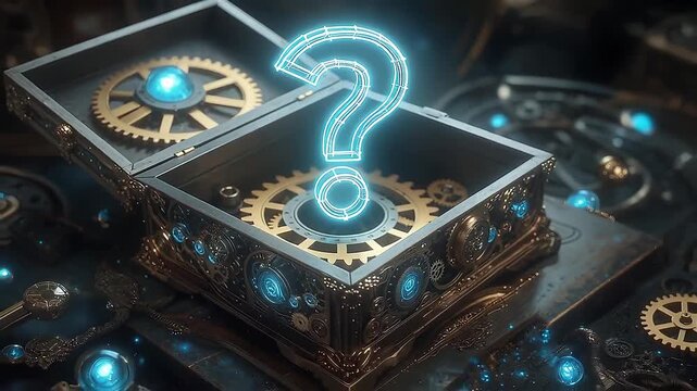 Mysterious open treasure box revealing glowing gears and question mark  
