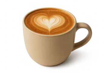 Coffee mug with heart latte art, transparent background