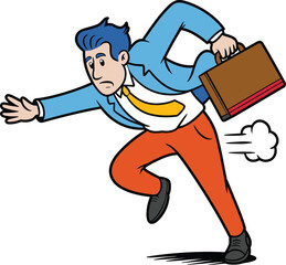 Excited cartoon businessman running fast vector illustration, carrying a briefcase, happy man late for work, urgency, success, or busy corporate professional character graphic.