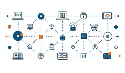 Fototapeta premium Illustration of interconnected digital icons representing various online services and security elements with a white background and dashed connection lines